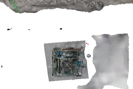 Mesh reconstruction of the same motherboard workspace with missing geometry